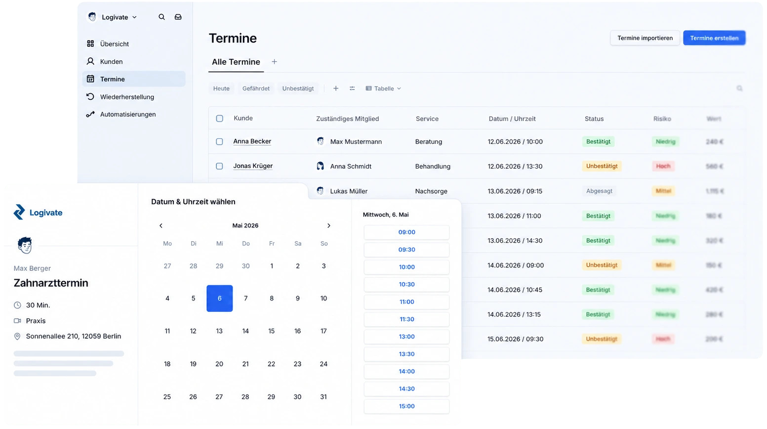 Logivate Dashboard mit Terminübersicht und Buchungskalender